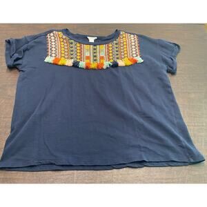 Loft Lounge Southwest Santa Fe Tassel Short Sleeve Shirt 100% Cotton Comfy XL